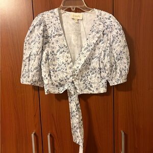 Cleobella White and Blue Floral Wrap Blouse